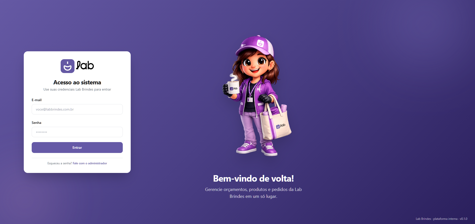 Tela de login do sistema desenvolvido para a Lab Brindes