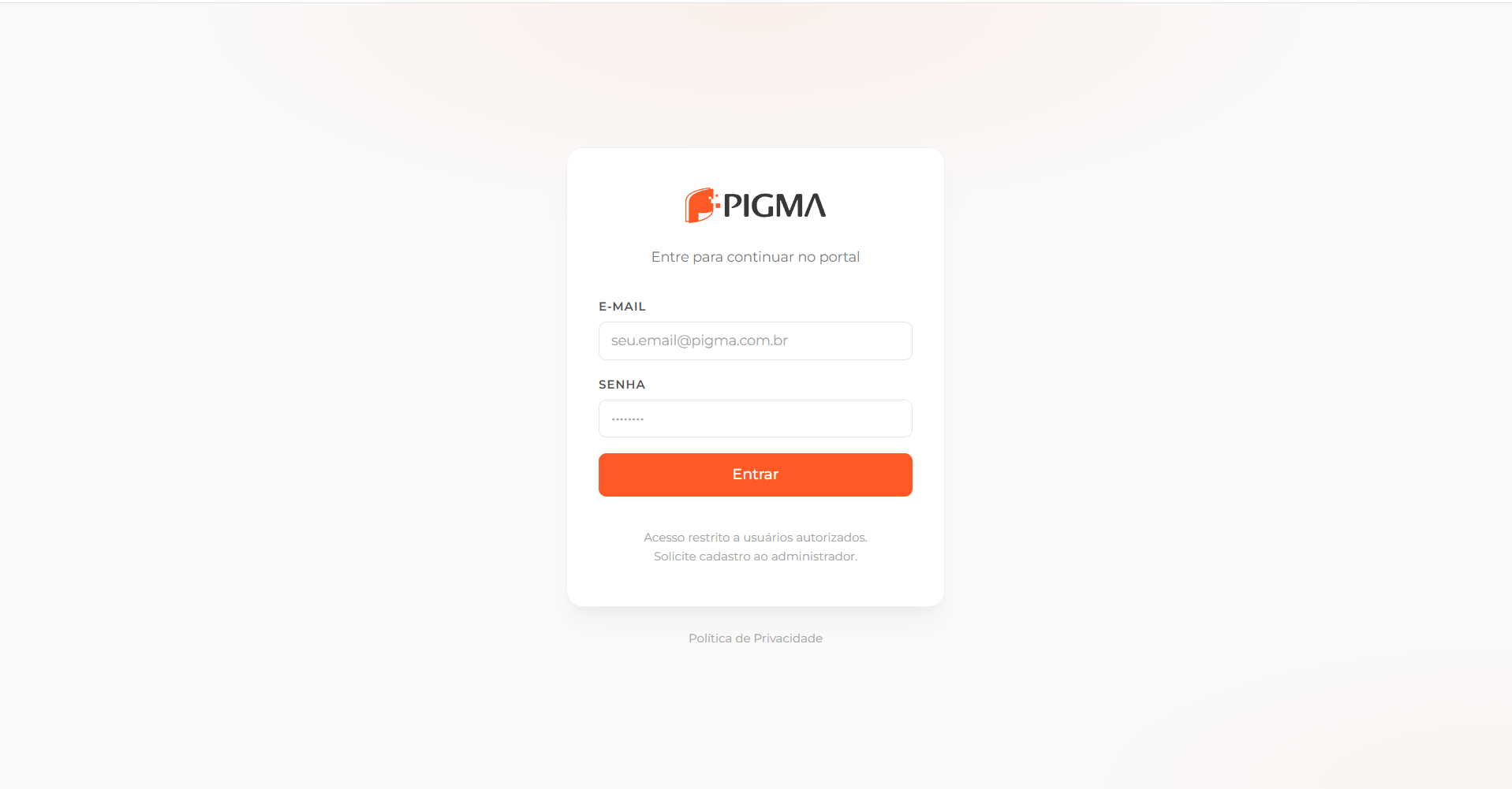 Tela de login do sistema desenvolvido para a Pigma